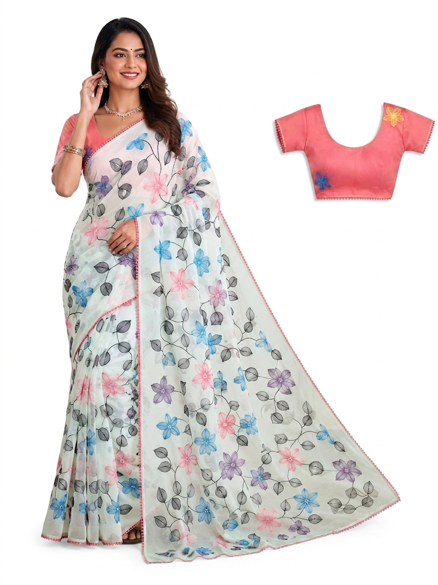 Fancy Saree Pure Georgette Multicolor Embroidery Thread Work with Bubble border