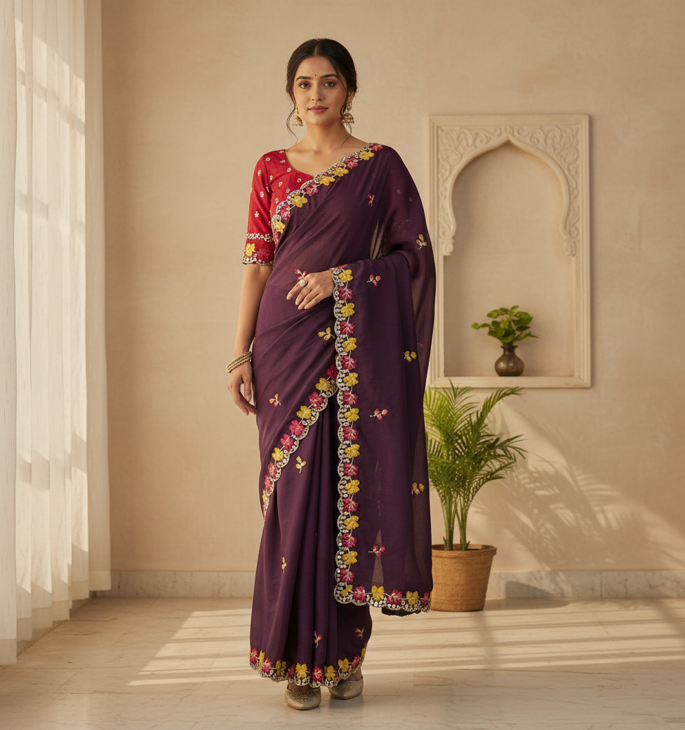 Shiny Georgette Multi Embroidery Work & Contrast Blouse SG401