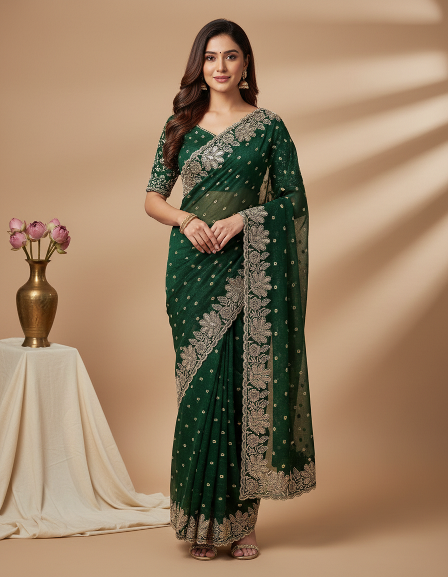 Silk Jacquard Crush Embroidery Work Saree CB201
