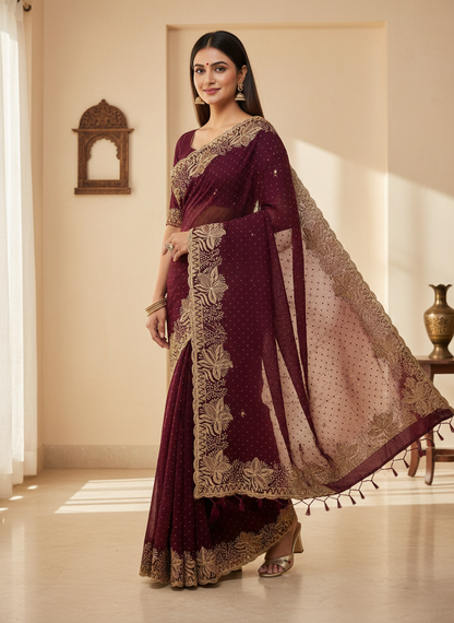 Fendi Chiffon Embroidery & Siroski Work Saree FC104