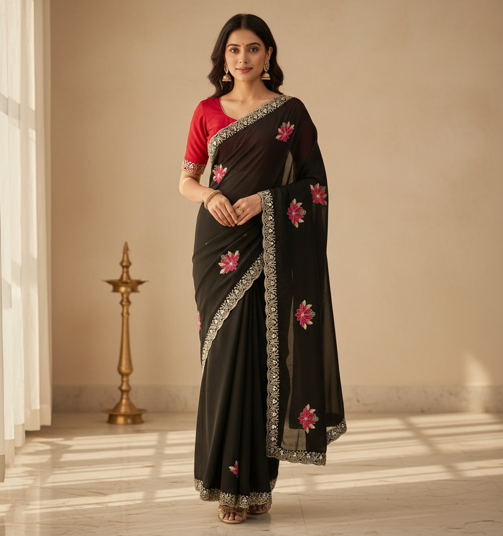 Shiny Georgette Multicolour Embroidery Work & Contrast Blouse SG403