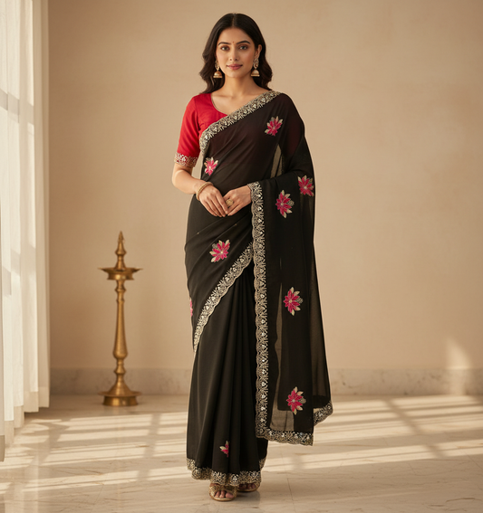 Shiny Georgette Multicolour Embroidery Work & Contrast Blouse SG403