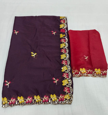 Shiny Georgette Multi Embroidery Work & Contrast Blouse SG401