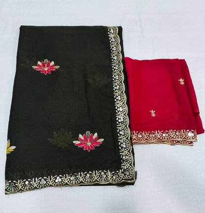 Shiny Georgette Multicolour Embroidery Work & Contrast Blouse SG403