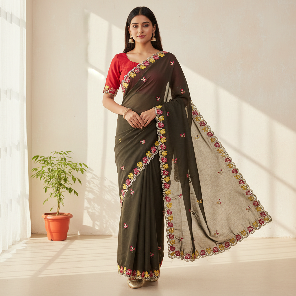 Shiny Georgette Multi Embroidery Work & Contrast Blouse SG401