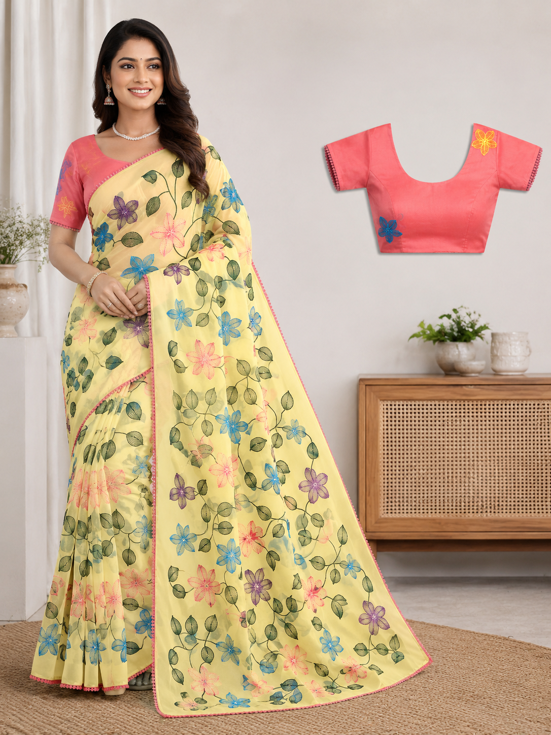 Fancy Saree Pure Georgette Multicolor Embroidery Thread Work with Bubble border