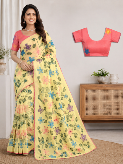 Fancy Saree Pure Georgette Multicolor Embroidery Thread Work with Bubble border