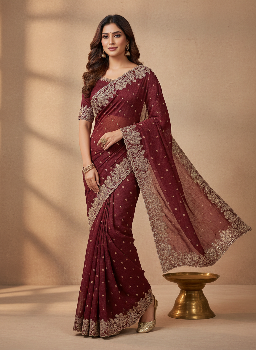 Silk Jacquard Crush Embroidery Work Saree CB201