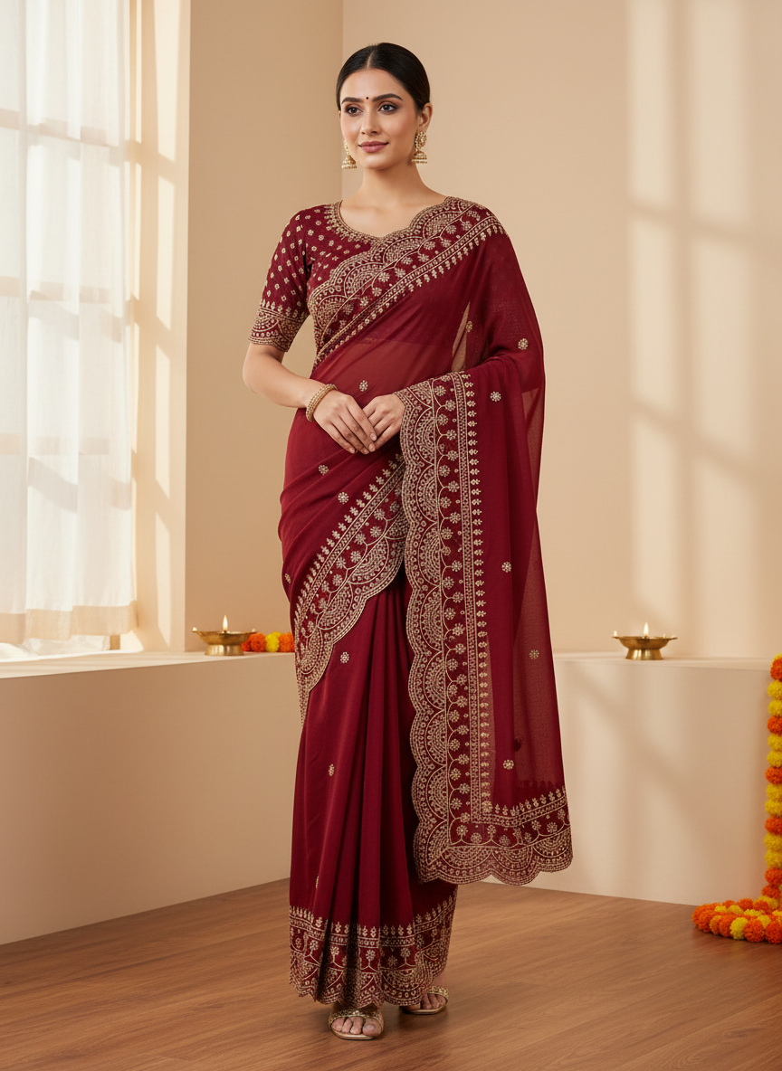 Shiny Georgette Heavy Embroidery Jari Work SG108