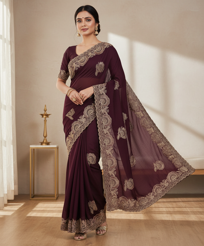 Chocolate Silk Multi Embroidery Work & Siroski Diamond Work SG501