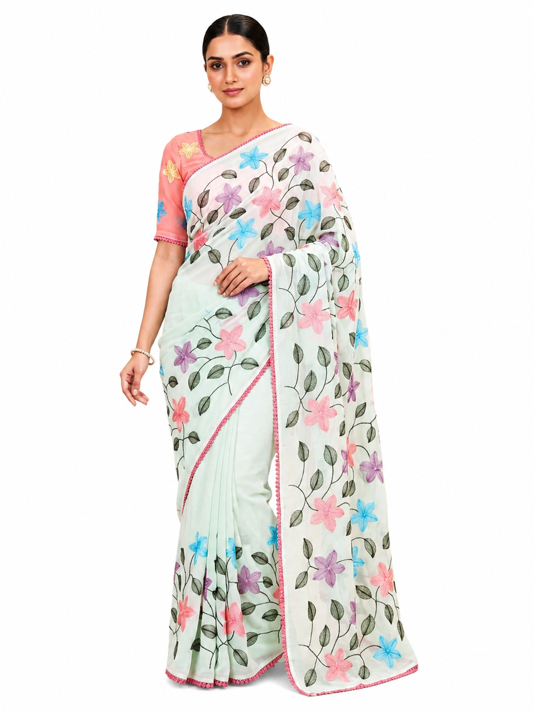 Fancy Saree Pure Georgette Multicolor Embroidery Thread Work with Bubble border