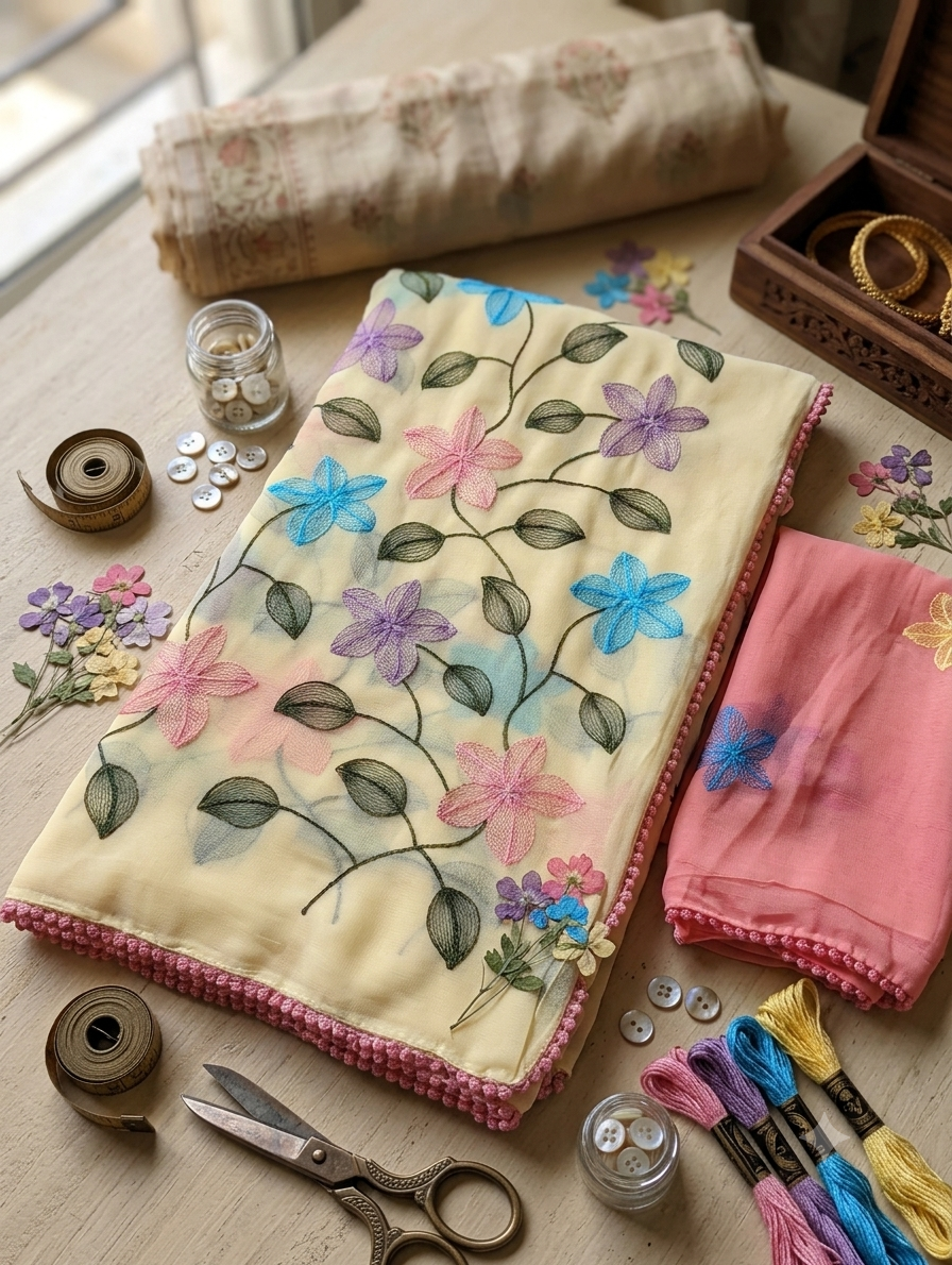 Fancy Saree Pure Georgette Multicolor Embroidery Thread Work with Bubble border
