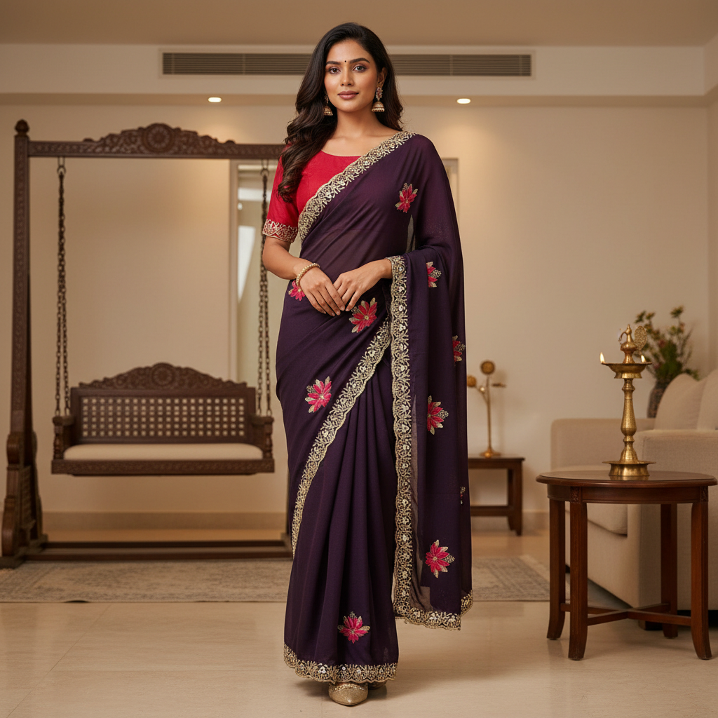 Shiny Georgette Multicolour Embroidery Work & Contrast Blouse SG403