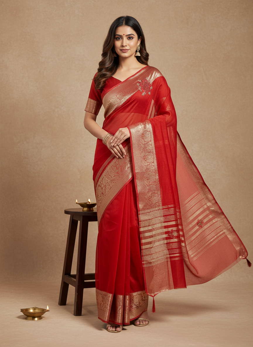 Organza Rich Pallu Embroidery & Siroski Work Saree OP702
