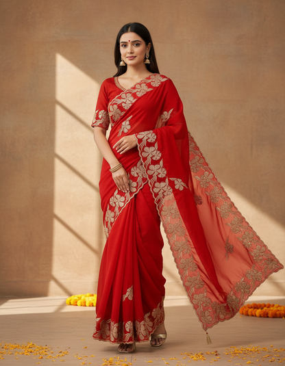 Pure Georgette Blooming Embroidery & Siroski Work Saree GB601