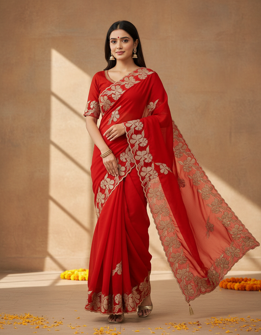 Pure Georgette Blooming Embroidery & Siroski Work Saree GB601