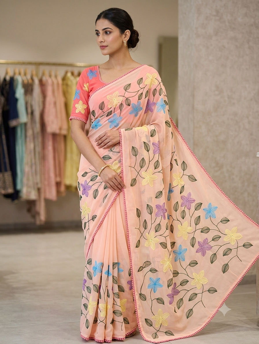 Fancy Saree Pure Georgette Multicolor Embroidery Thread Work with Bubble border