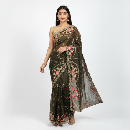 Shinny Georgette Multi Embroidery Work Sarees SG407