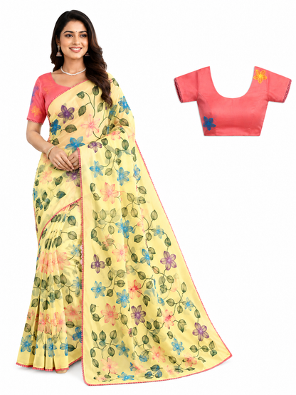 Fancy Saree Pure Georgette Multicolor Embroidery Thread Work with Bubble border