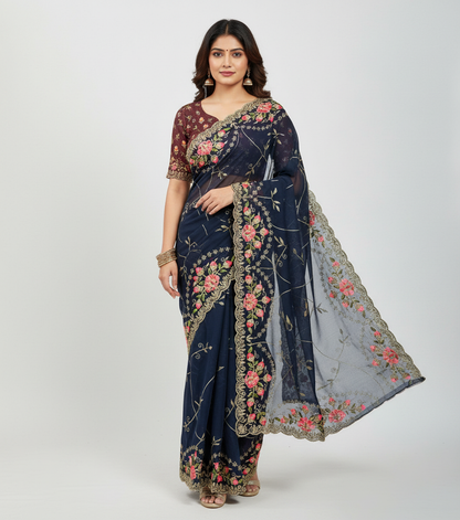 Shinny Georgette Multi Embroidery Work Sarees SG407