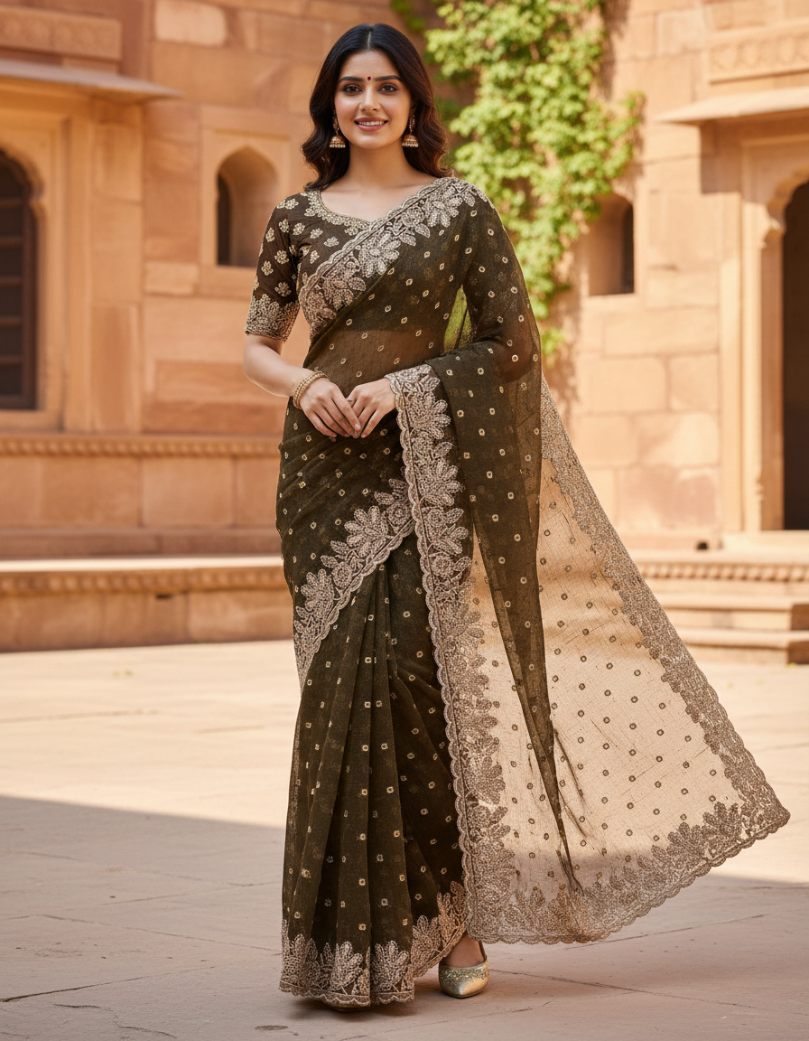 Silk Jacquard Crush Embroidery Work Saree CB201