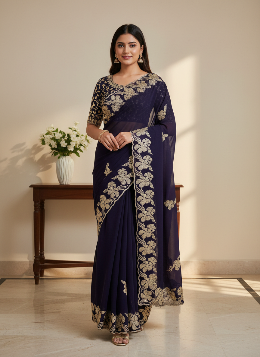 Pure Georgette Blooming Embroidery & Siroski Work Saree GB601