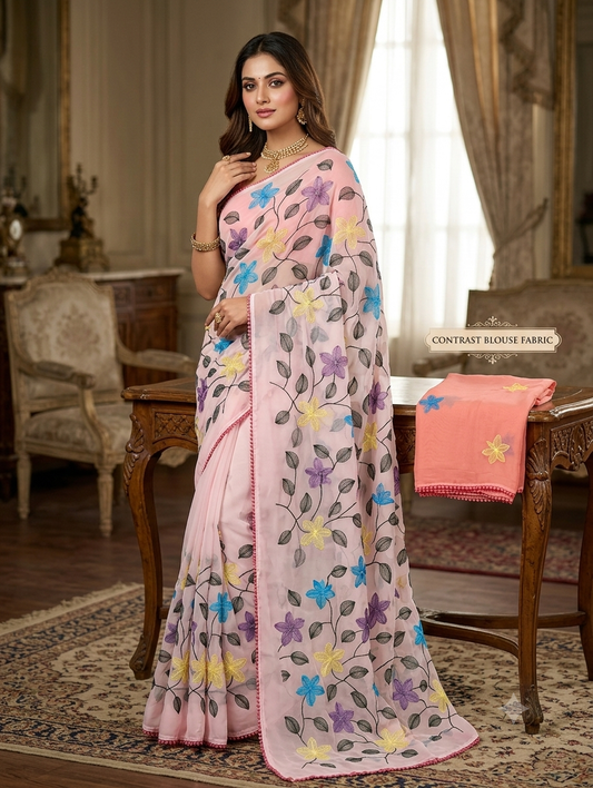 Fancy Saree Pure Georgette Multicolor Embroidery Thread Work with Bubble border