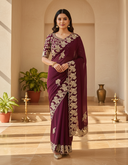 Pure Georgette Blooming Embroidery & Siroski Work Saree GB601