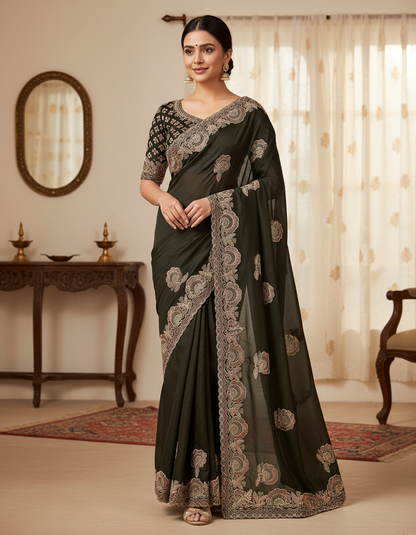 Chocolate Silk Multi Embroidery Work & Siroski Diamond Work SG501