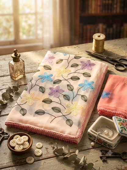 Fancy Saree Pure Georgette Multicolor Embroidery Thread Work with Bubble border