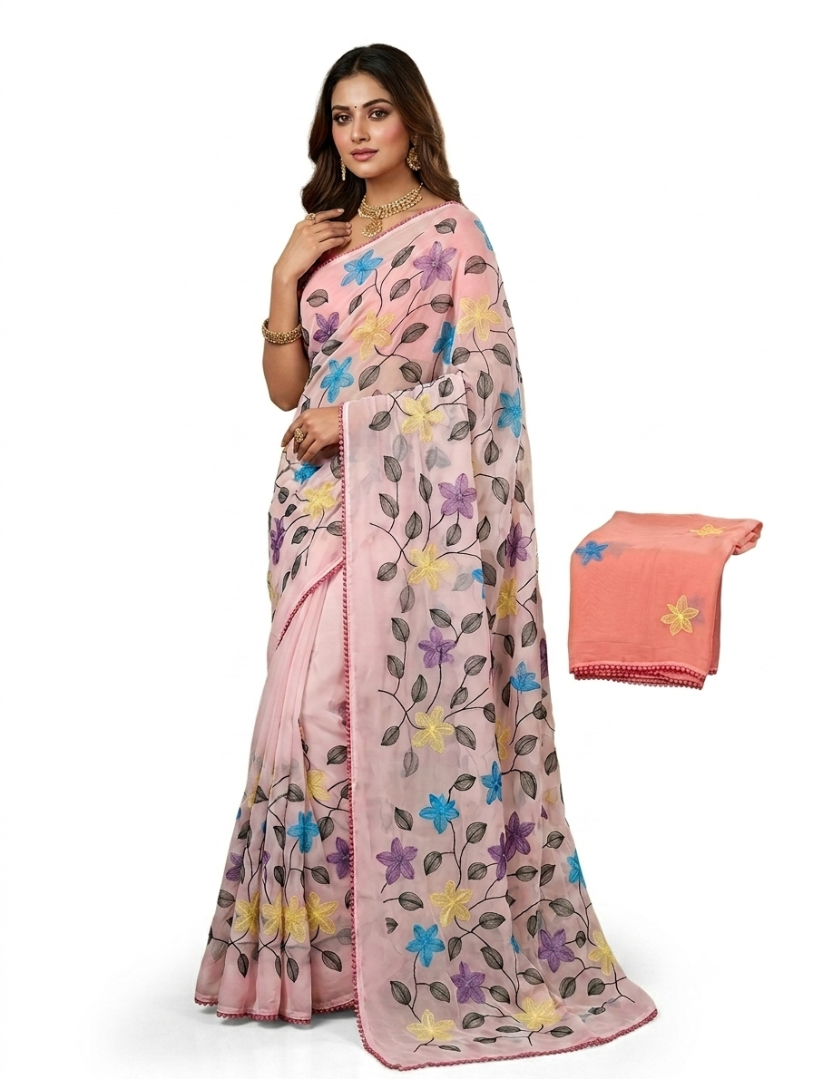 Fancy Saree Pure Georgette Multicolor Embroidery Thread Work with Bubble border