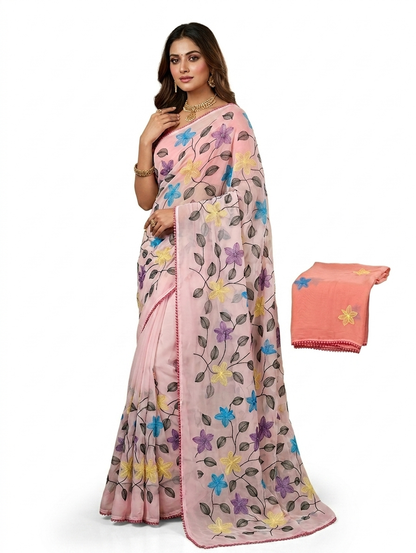 Fancy Saree Pure Georgette Multicolor Embroidery Thread Work with Bubble border