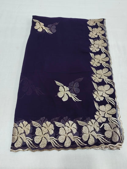 Pure Georgette Blooming Embroidery & Siroski Work Saree GB601