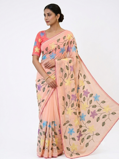 Fancy Saree Pure Georgette Multicolor Embroidery Thread Work with Bubble border