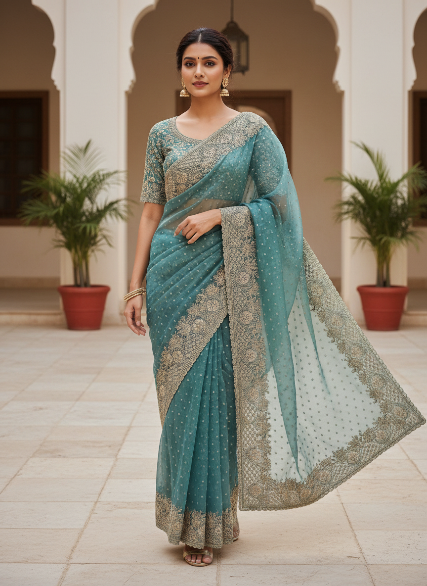 Silk Jacquard Heavy Embroidery Saree NCB204