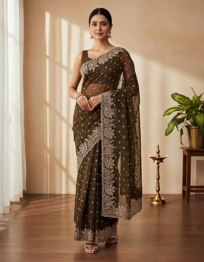 Silk Jacquard Crush Embroidery Work Saree CB201