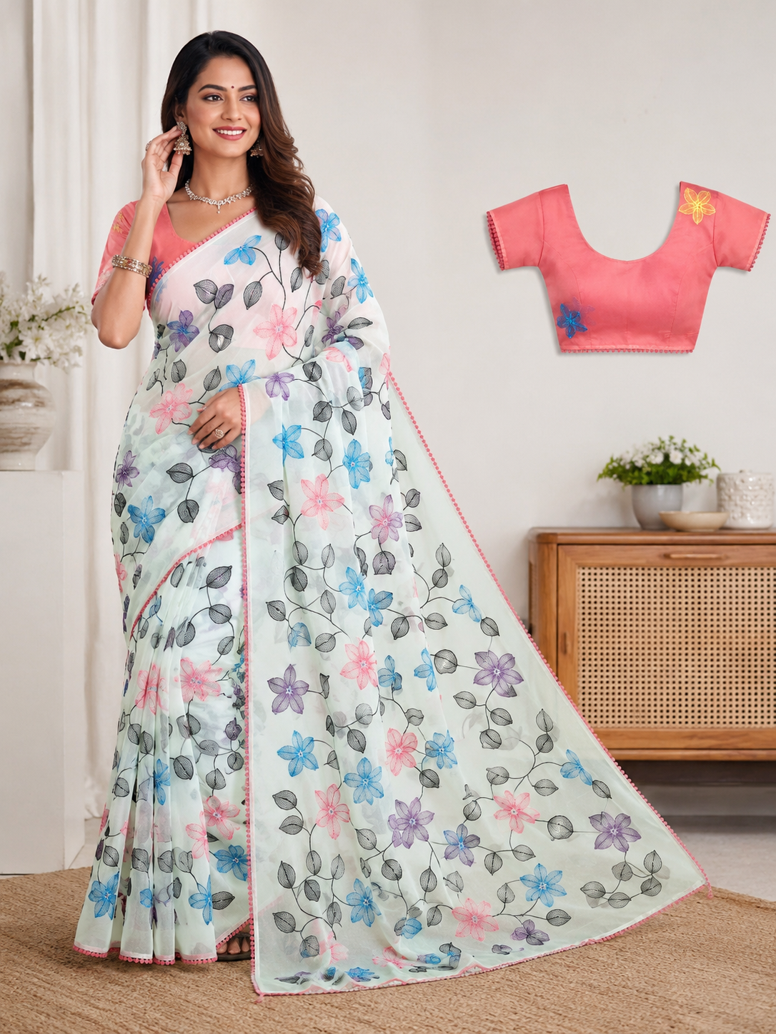 Fancy Saree Pure Georgette Multicolor Embroidery Thread Work with Bubble border