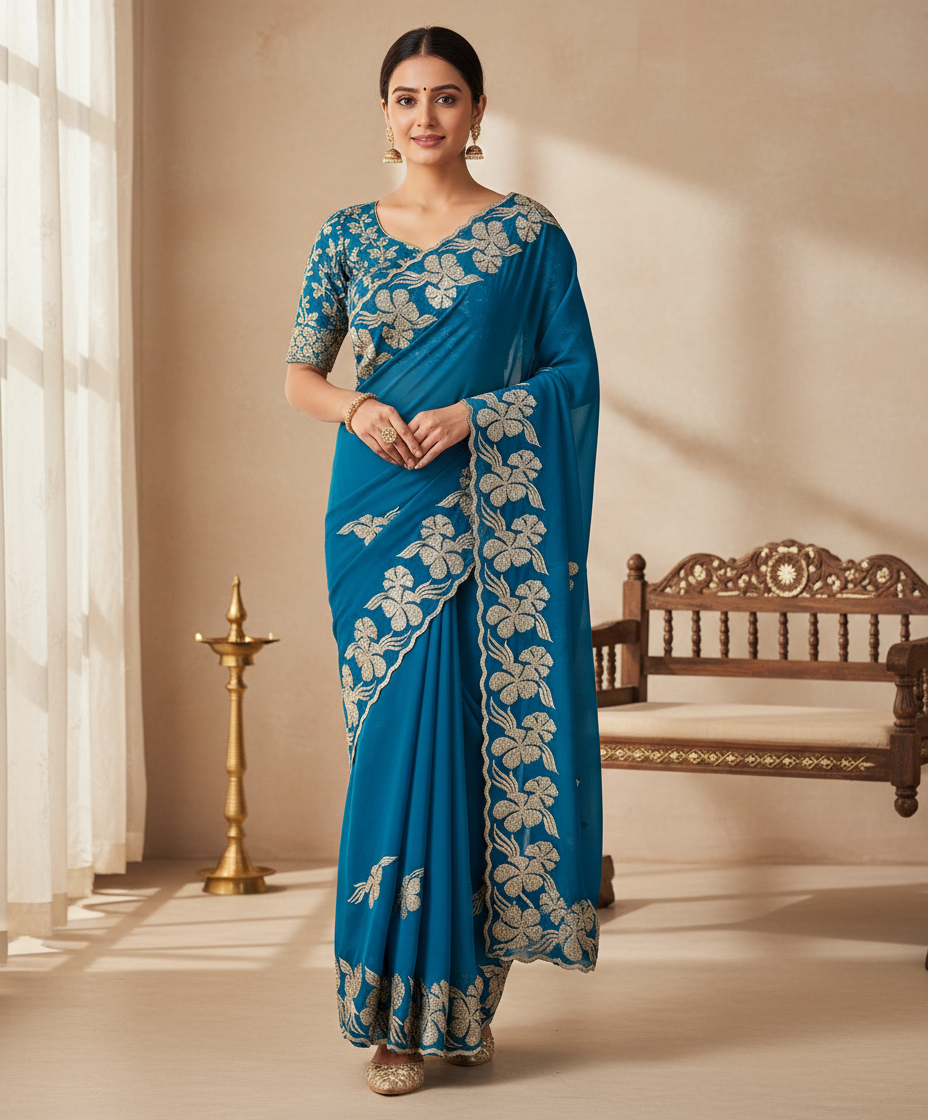 Pure Georgette Blooming Embroidery & Siroski Work Saree GB601