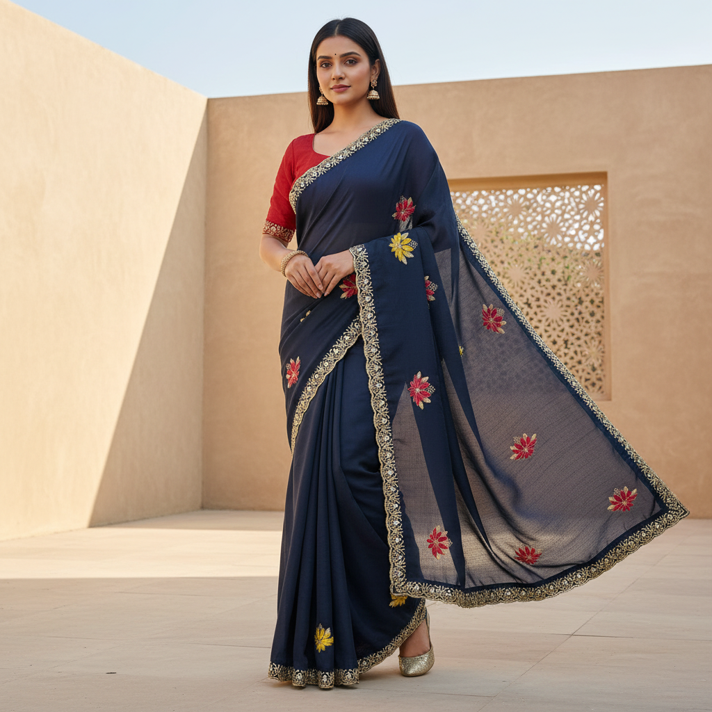 Shiny Georgette Multicolour Embroidery Work & Contrast Blouse SG403