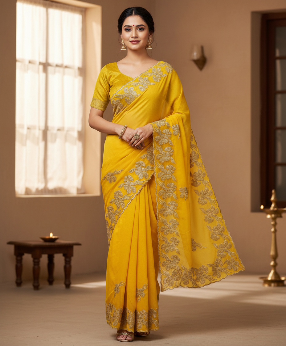 Pure Georgette Blooming Embroidery & Siroski Work Saree GB601