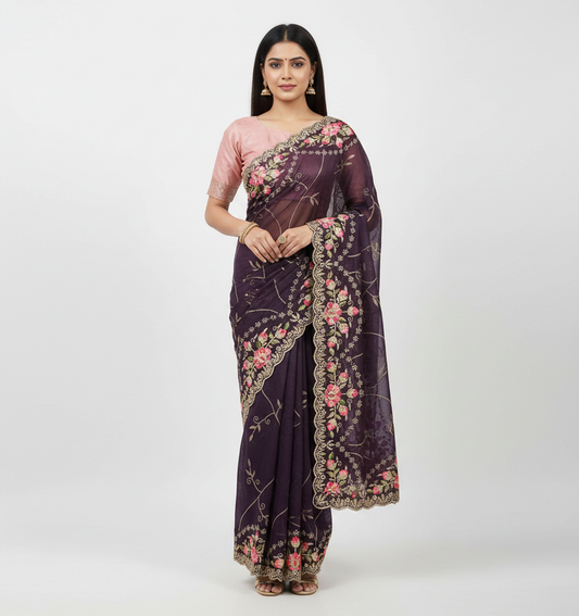 Shinny Georgette Multi Embroidery Work Sarees SG407