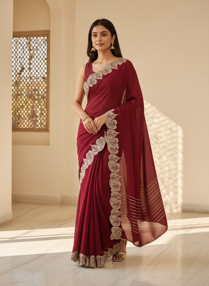 Satin Silk Chiffon Embroidery Work & Siroski Work SC301