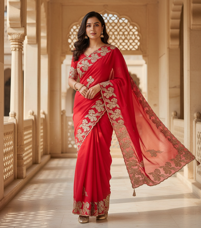 Pure Georgette Blooming Embroidery & Siroski Work Saree GB601